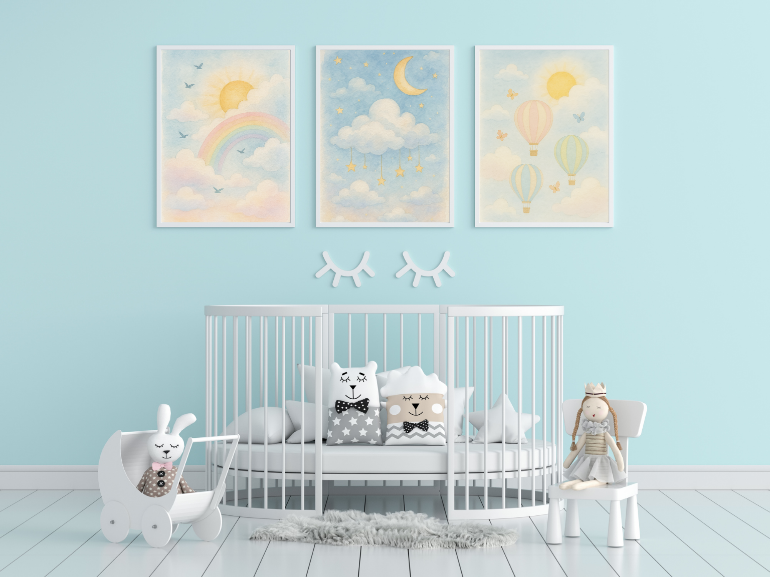 Nursery room with a crib, toys, and wall art on a light blue wall.