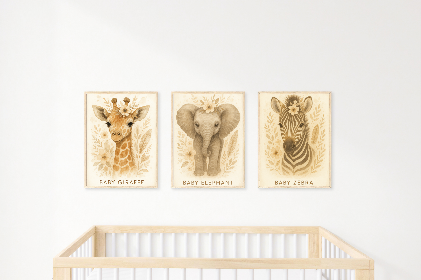 Three framed animal prints of a giraffe, elephant, and zebra above a crib on a white wall.
