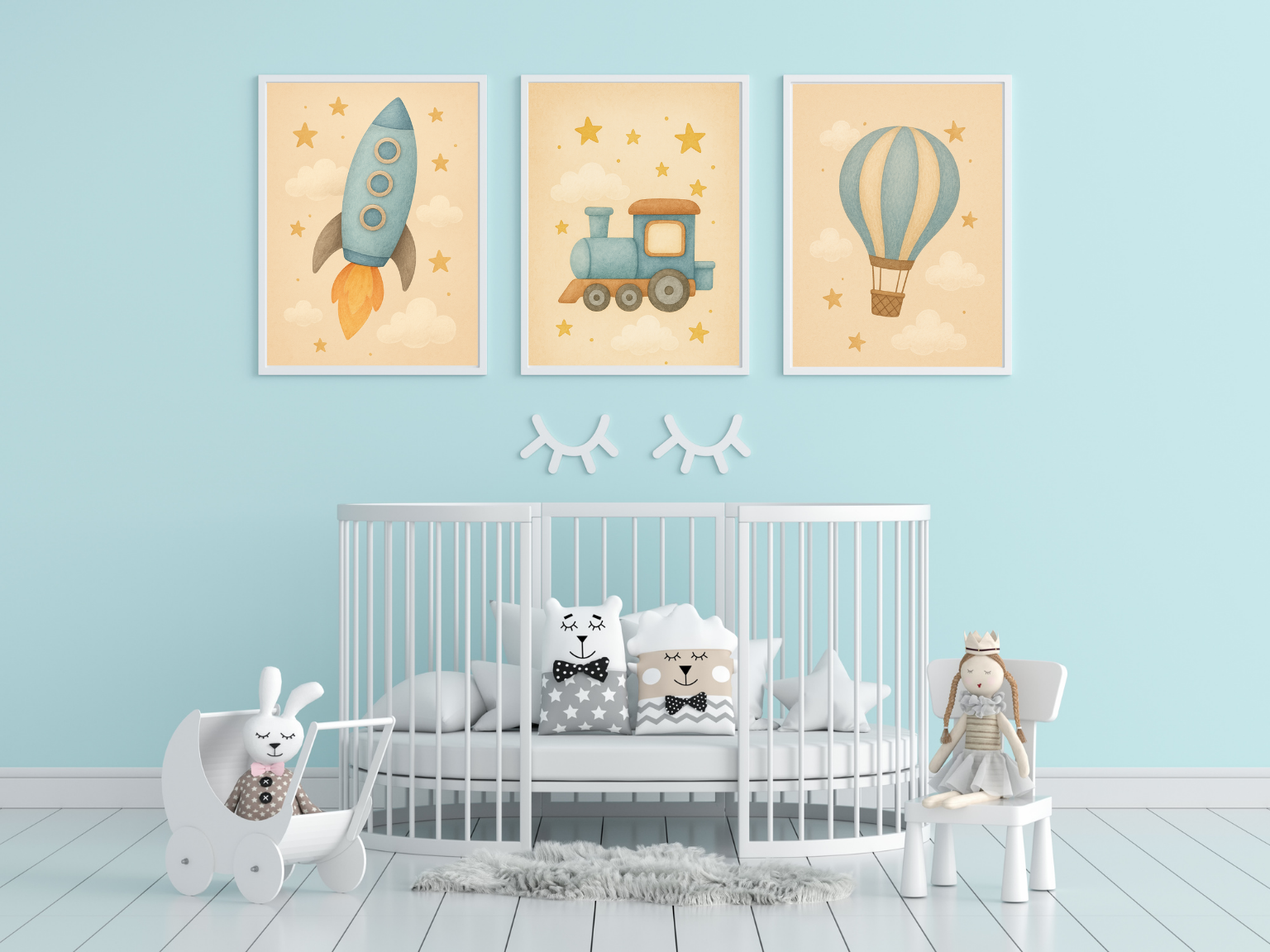 Nursery room with a crib, decorative pillows, and wall art featuring a rocket, train, and hot air balloon.