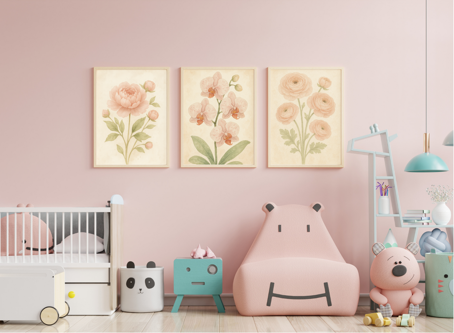 Children's room with floral wall art, bean bag chairs, and toys on a pink wall.