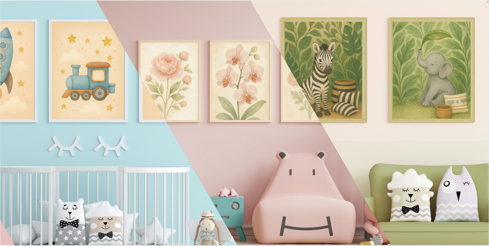 Children's room with colorful wall art and soft furniture.